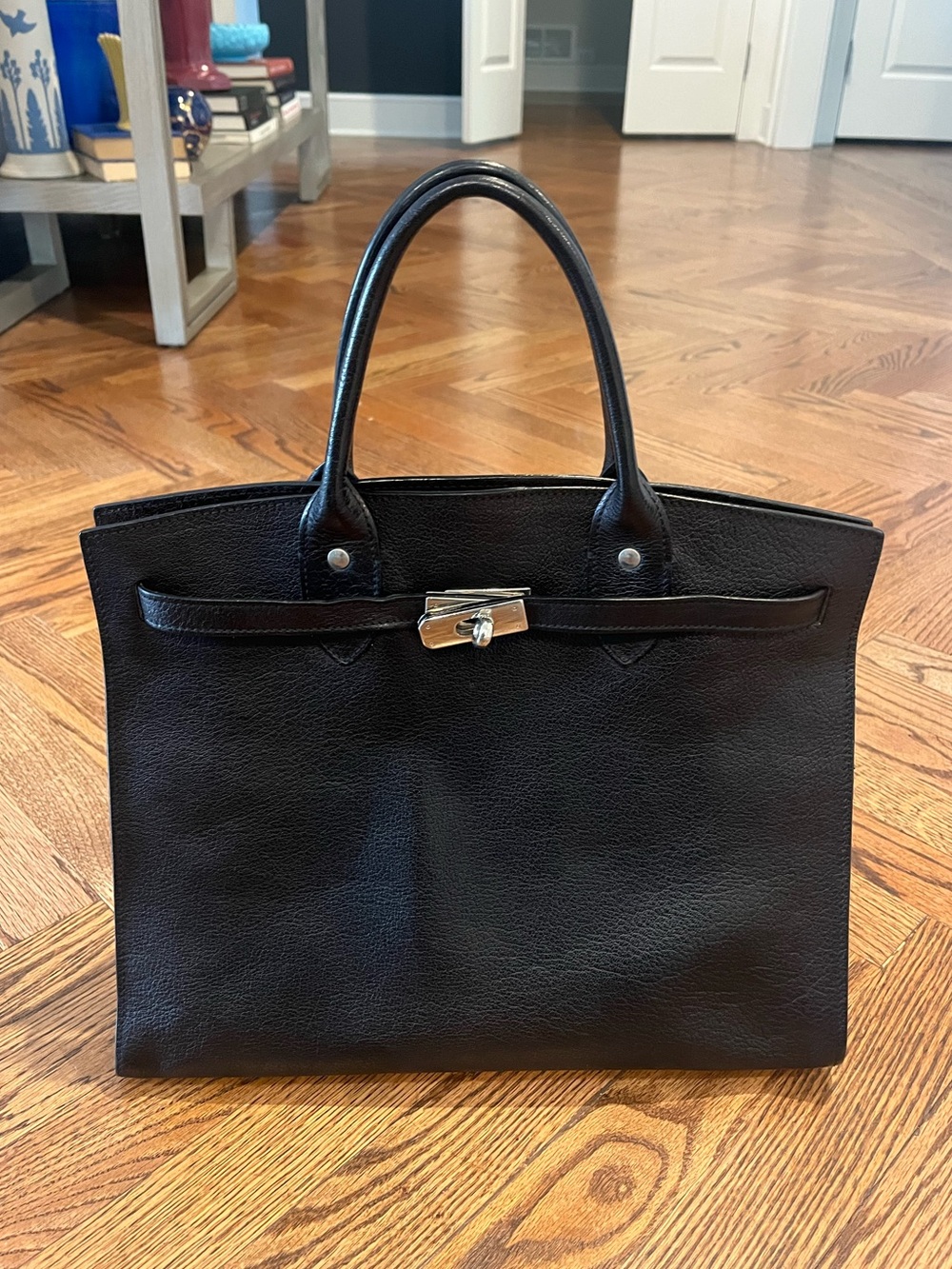 Barney’s New York Birkin-Style Classic Black Leather Tote Bag, Made In Italy